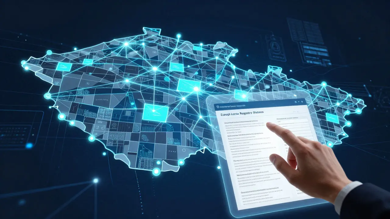 Futuristické vizualizace digitální databáze katastru nemovitostí s mapou a datovými proudy.
