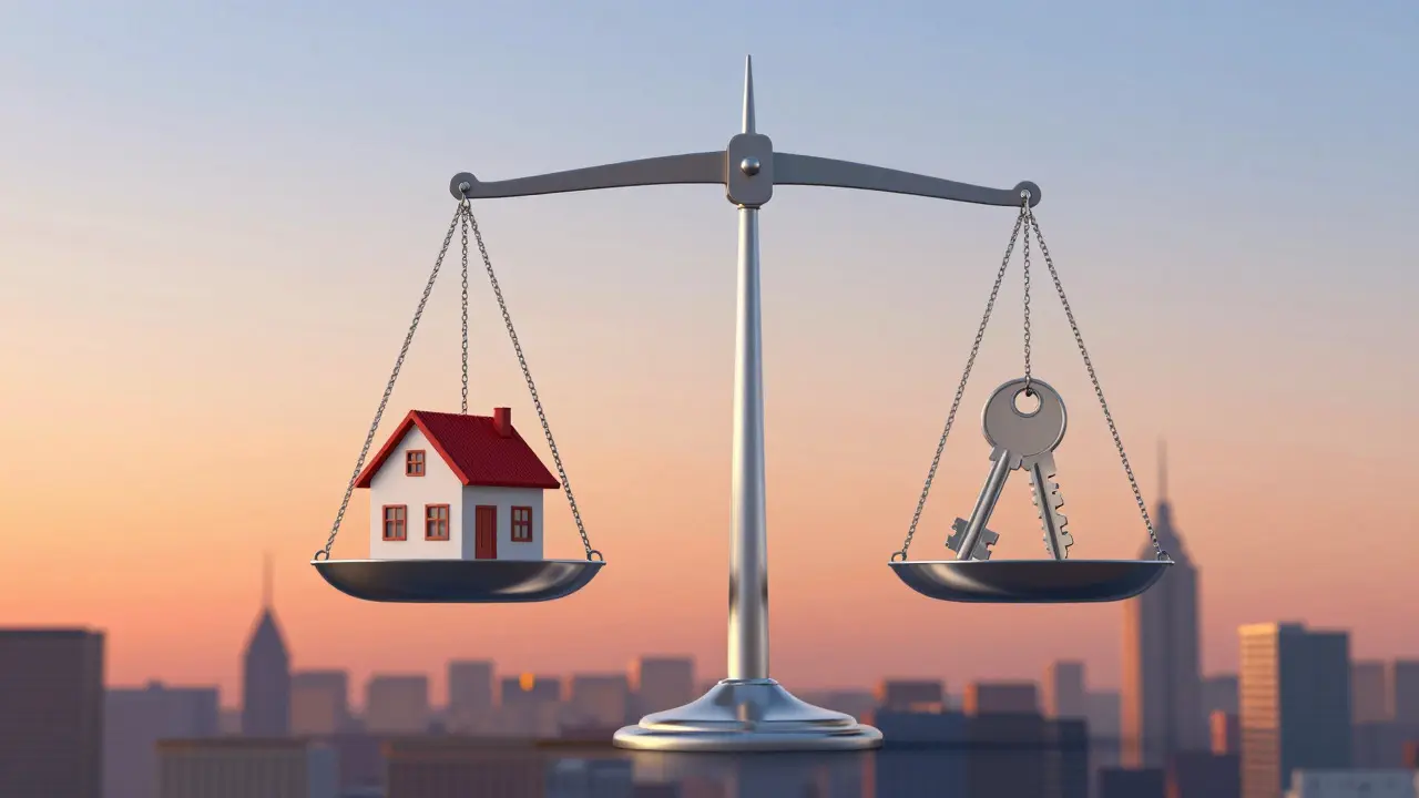 Glass balance scale with house model and key over city skyline