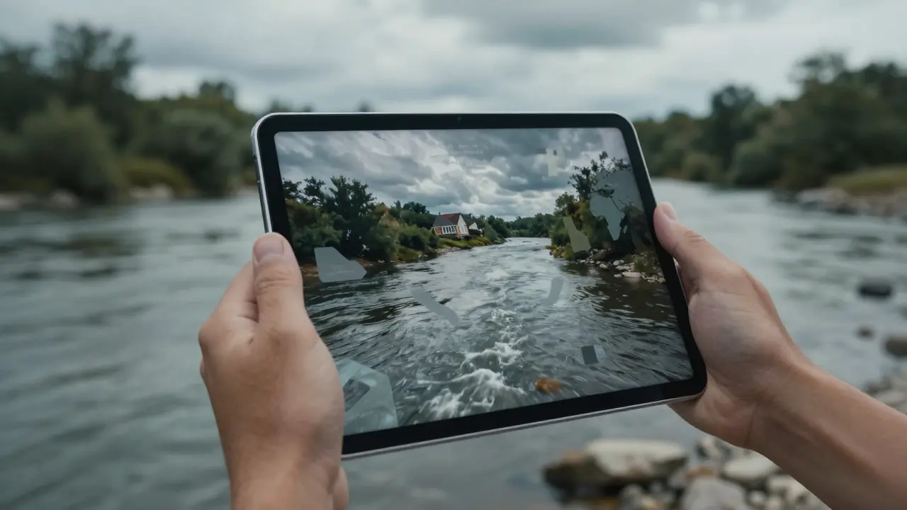 Hand holding a tablet with abstract map overlay above a fast-flowing riverbank