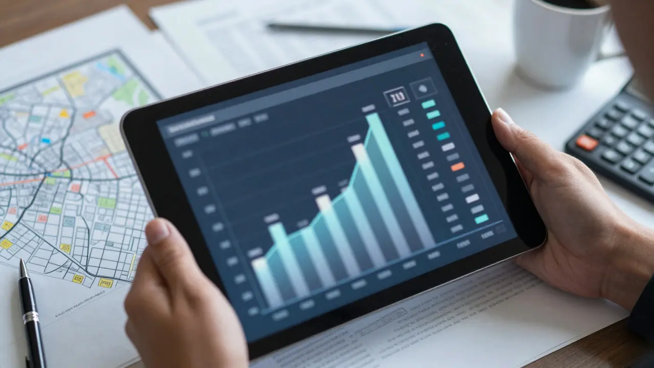 Hand holding tablet with abstract data over real estate documents
