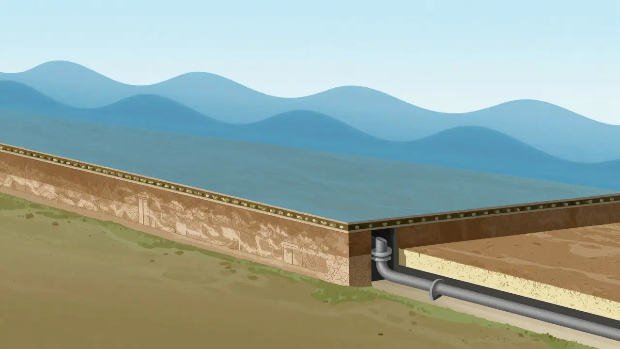 Illustration showing house foundation insulation and drainage against a stylized flood wave