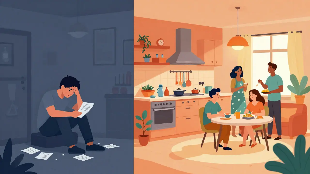Ilustrace srovnávající izolované bydlení a komunitní co-living