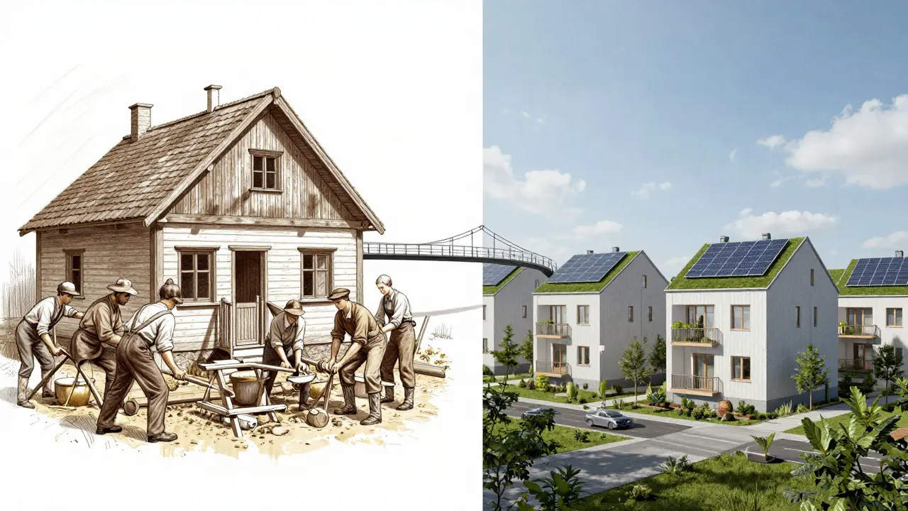 Konceptuální ilustrace spojující historii a budoucnost družstevního bydlení