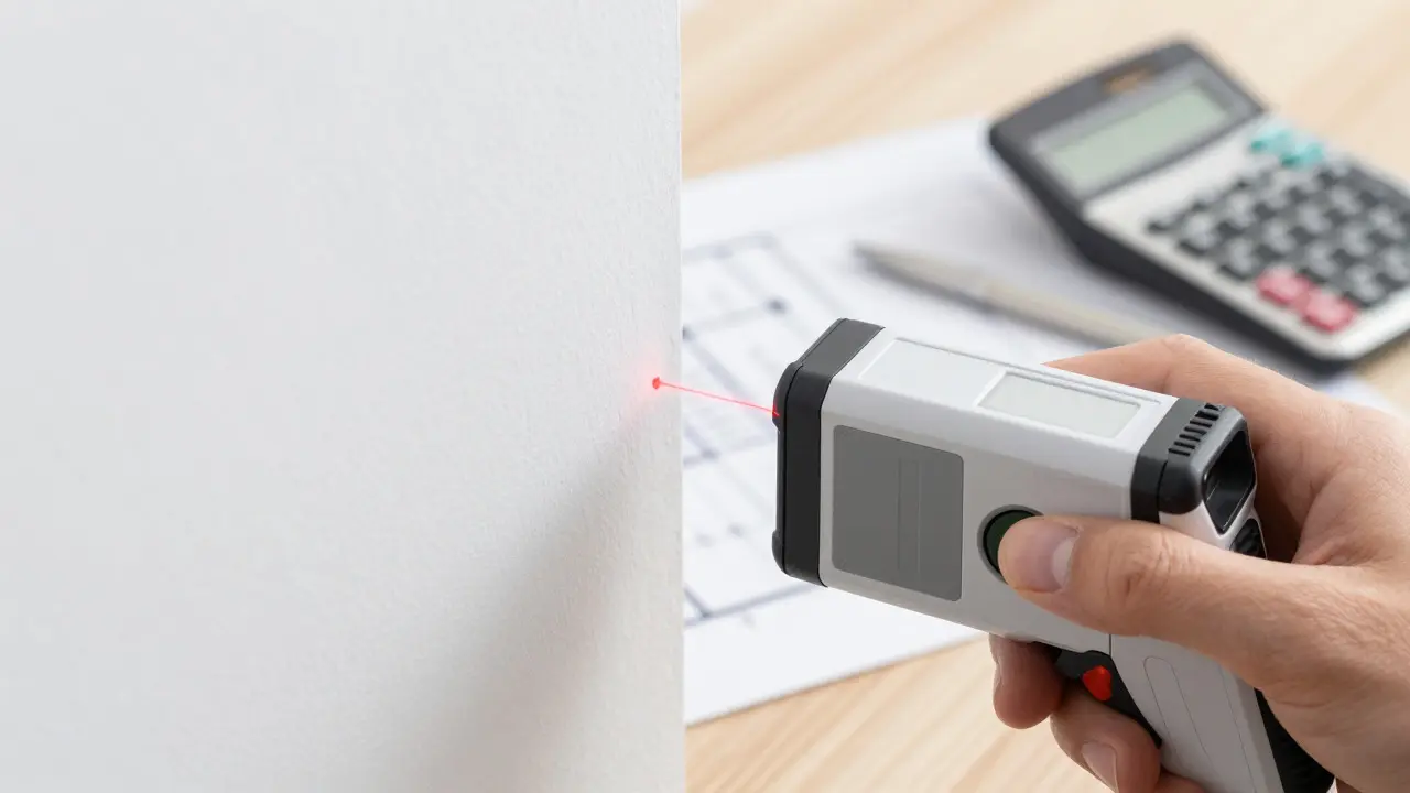 Laserový dálkoměr měří stěnu u půdorysu
