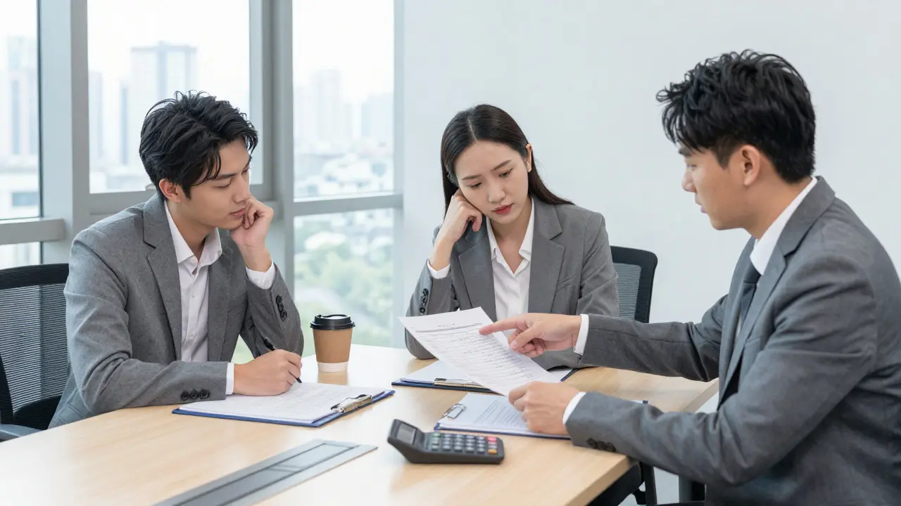 Lawyer advising a couple on a real estate contract in an office