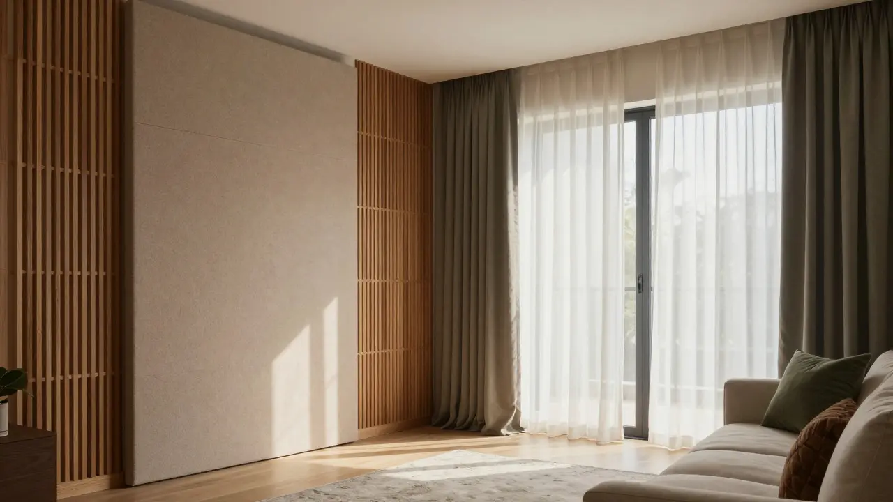 Living room corner with acoustic panels and curtains for better sound