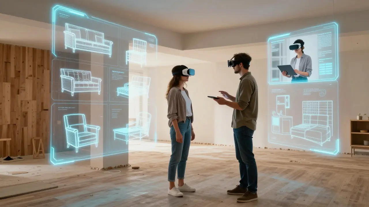 Pár používající brýle virtuální reality pro návrh interiéru
