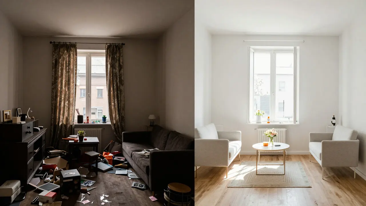 Srovnání tmavého bytu před a světlého interiéru po home stagingu