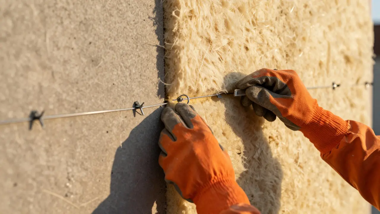 Worker installing thick mineral wool insulation boards on an exterior wall