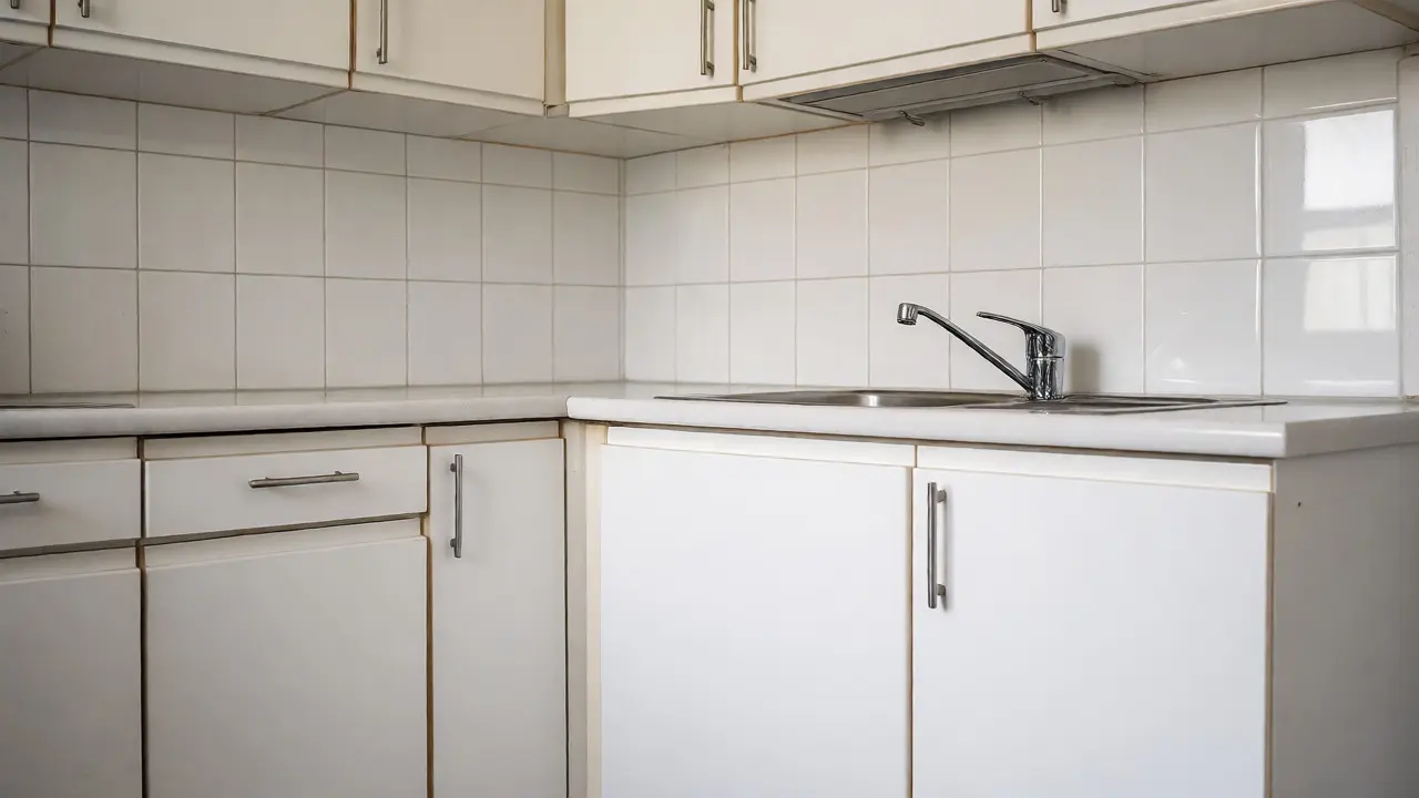 Detail čisté kuchyňské linky s keramickým dřezem