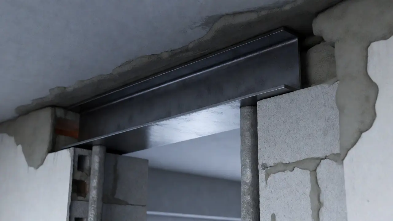Detail ocelového překladu zajišťujícího statiku otvoru ve zdi.