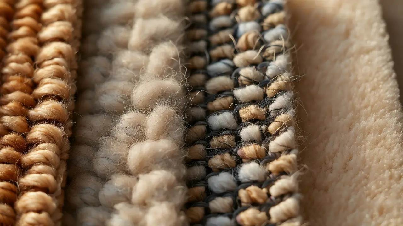 Detailní pohled na různé materiály koberců