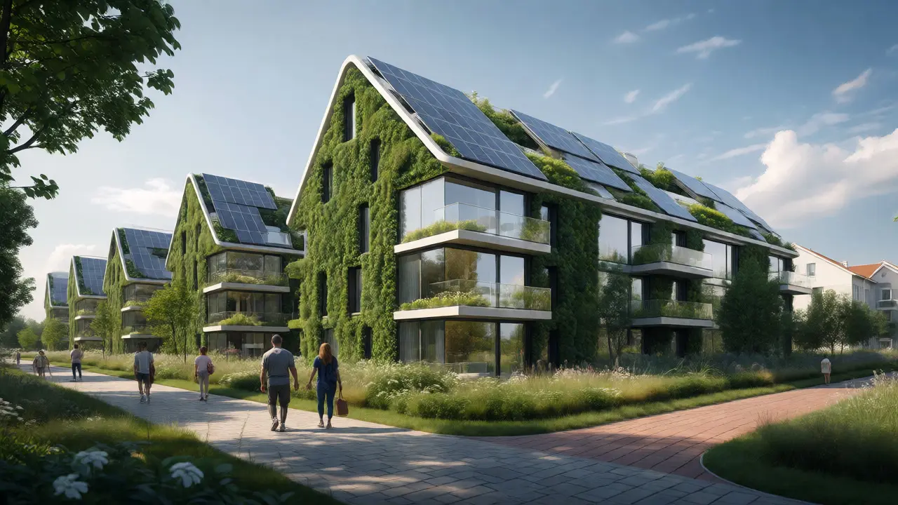 Ekologický rezidenční komplex se zelenými střechami a solárními panely v suburbském prostředí