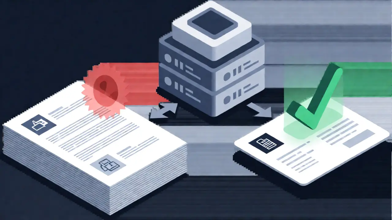 Ilustrace procesu zápisu do katastru nemovitostí s dokumenty a databází