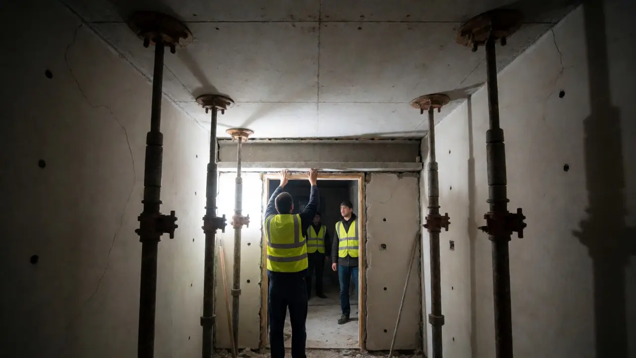 Instalace betonového překladu s podepřením stropu berany