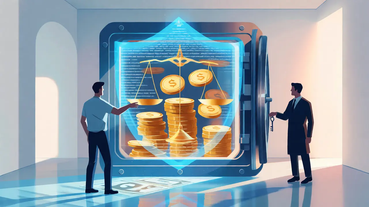 Konceptuální ilustrace bezpečné úschovy peněz při prodeji nemovitosti.