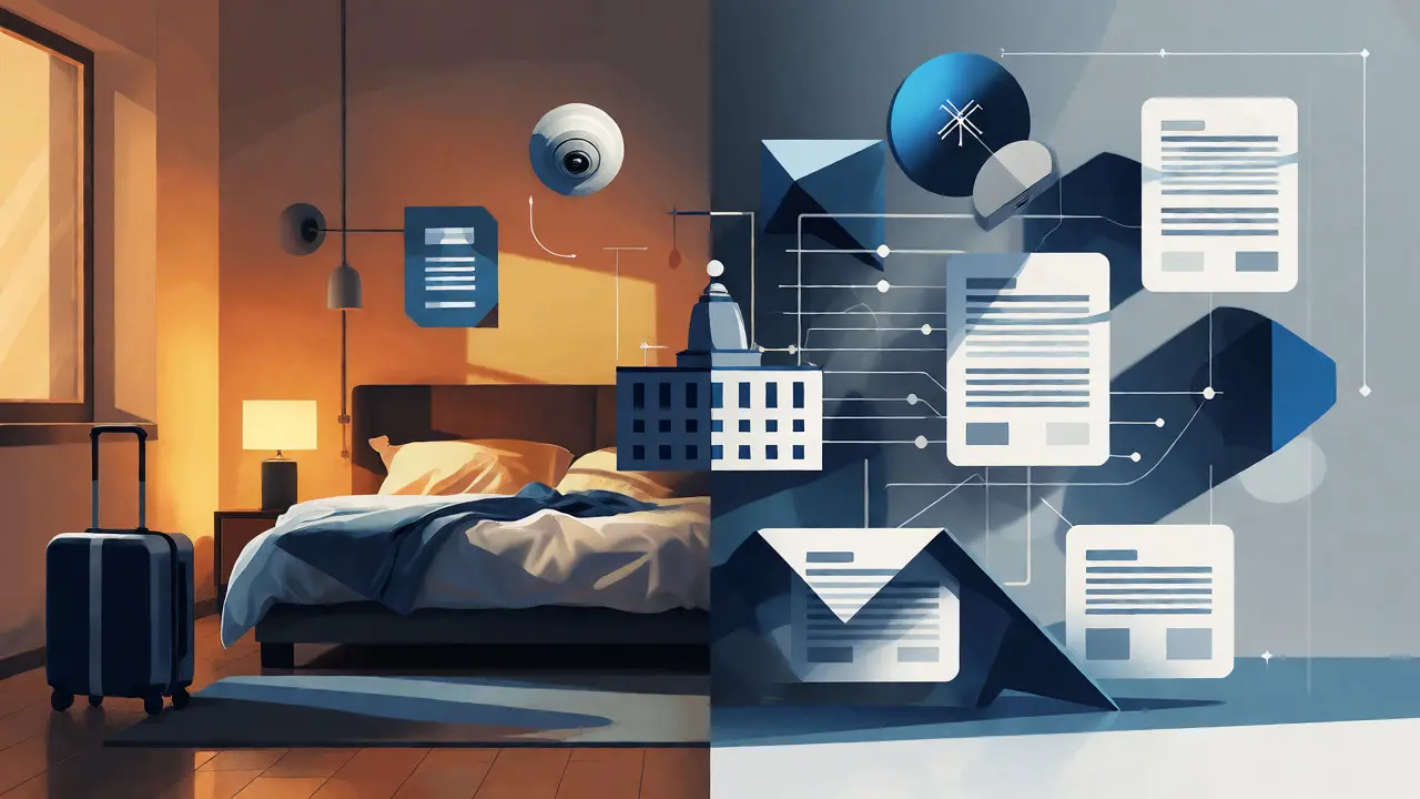 Konceptuální ilustrace propojující ubytování a legislativu