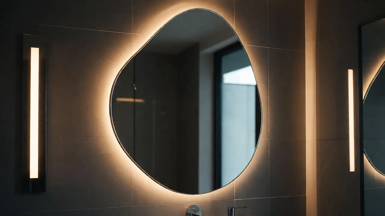 Moderní organické zrcadlo s LED podsvícením v koupelně pro měkké osvětlení.