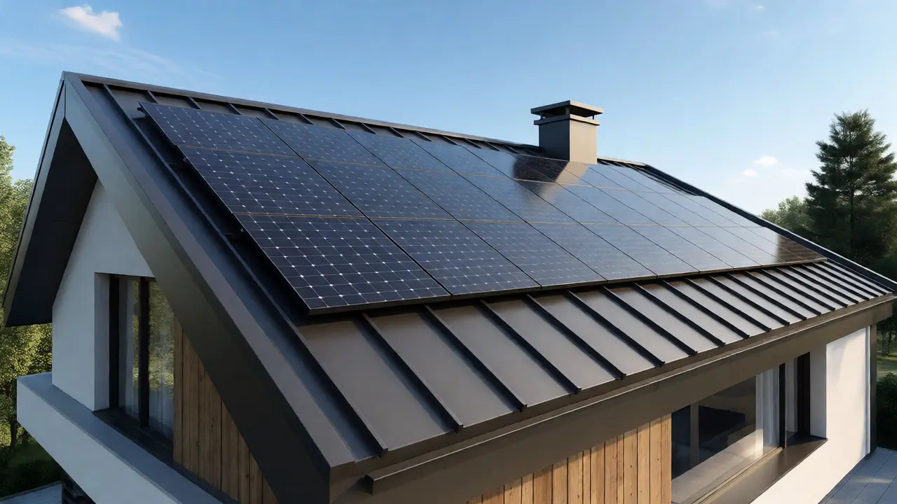 Moderní střecha s integrovanými fotovoltaickými panely po dokončené rekonstrukci.