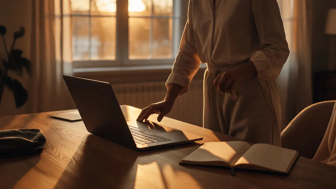Převlekání se po skončení práce z domova u zavřeného laptopu