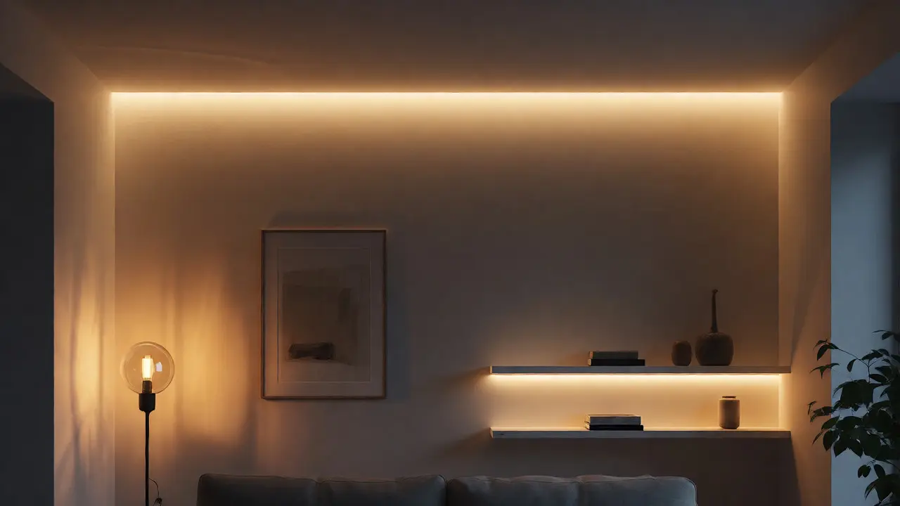 Večerní osvětlení minimalistického pokoje se skrytými LED pásky