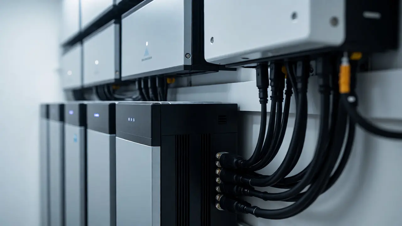 Detail bateriového úložiště a měniče v technické místnosti domu