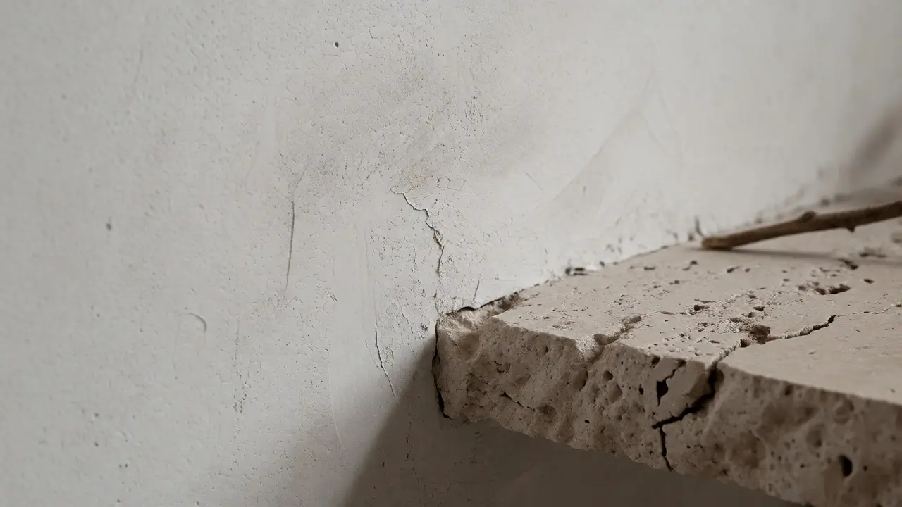 Detailní pohled na kontrast hrubého kamene a jemné minerální omítky