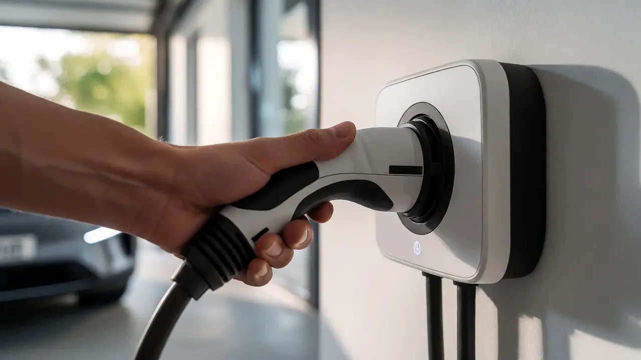 Detailní záběr na zapojování nabíjecího kabelu do chytrého domácího wallboxu ve světlé garáži.