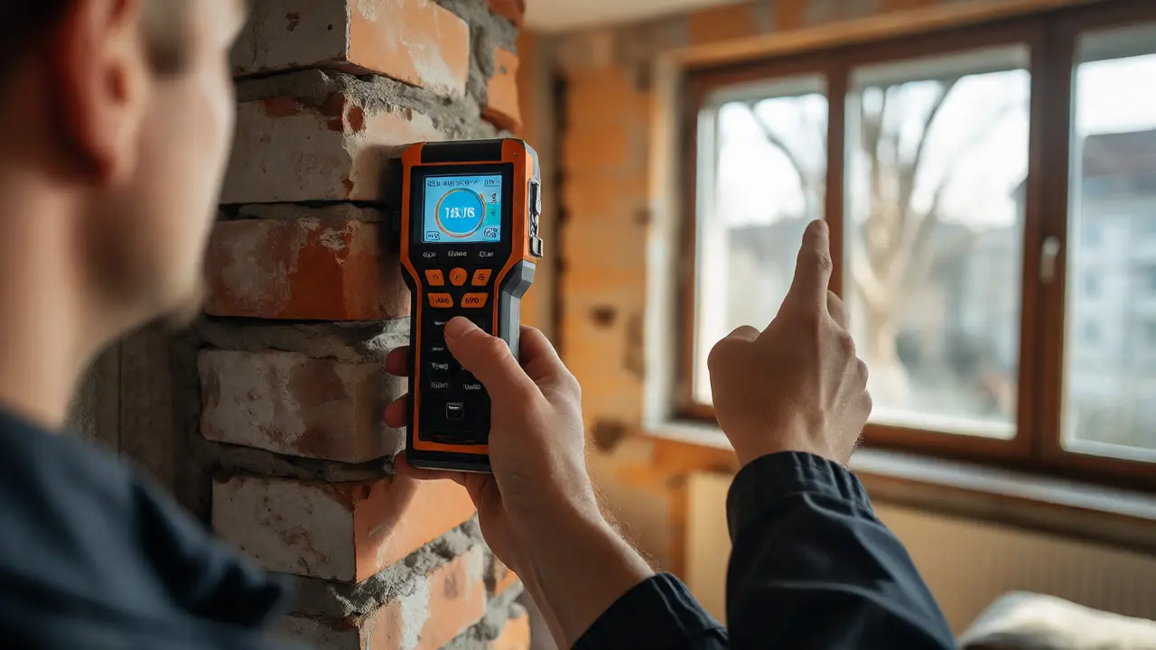 Energetický specialista měří tloušťku stěn a kontroluje okna při terénní prohlídce bytu.