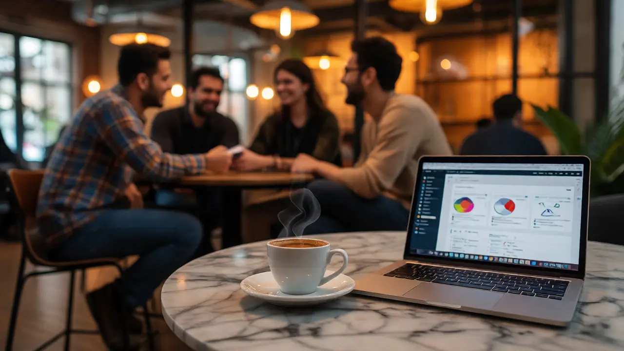Espresso a notebook na stole v coworkingu s lidmi síťujícími na pozadí