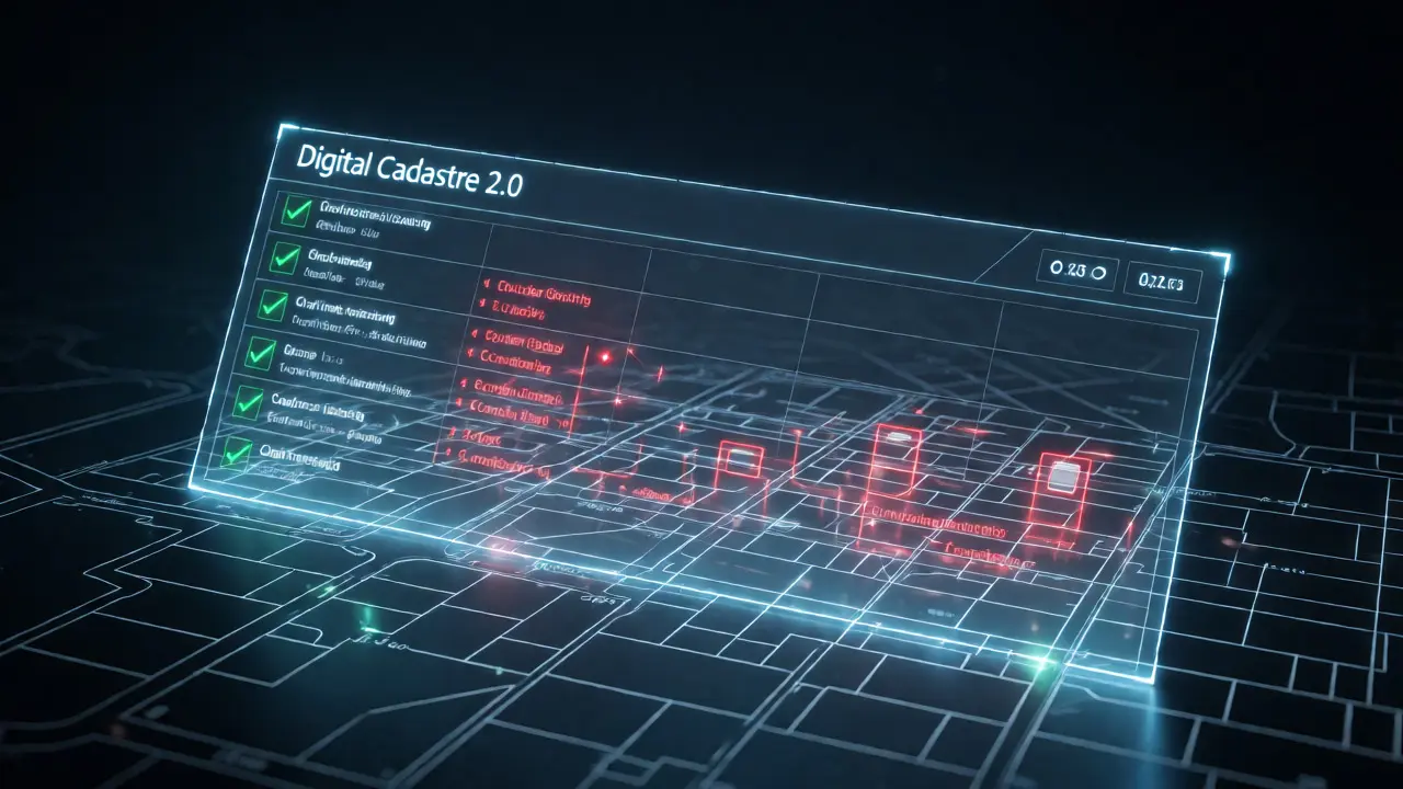 Holografické rozhraní digitálního katastru s zelenými a červenými indikátory stavu.