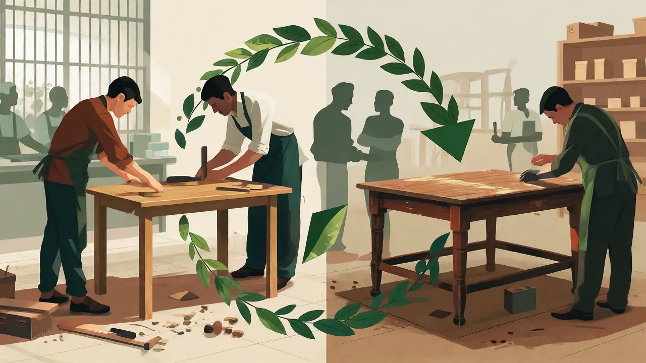Ilustrace cirkulární ekonomiky nábytku s opravami a recyklací