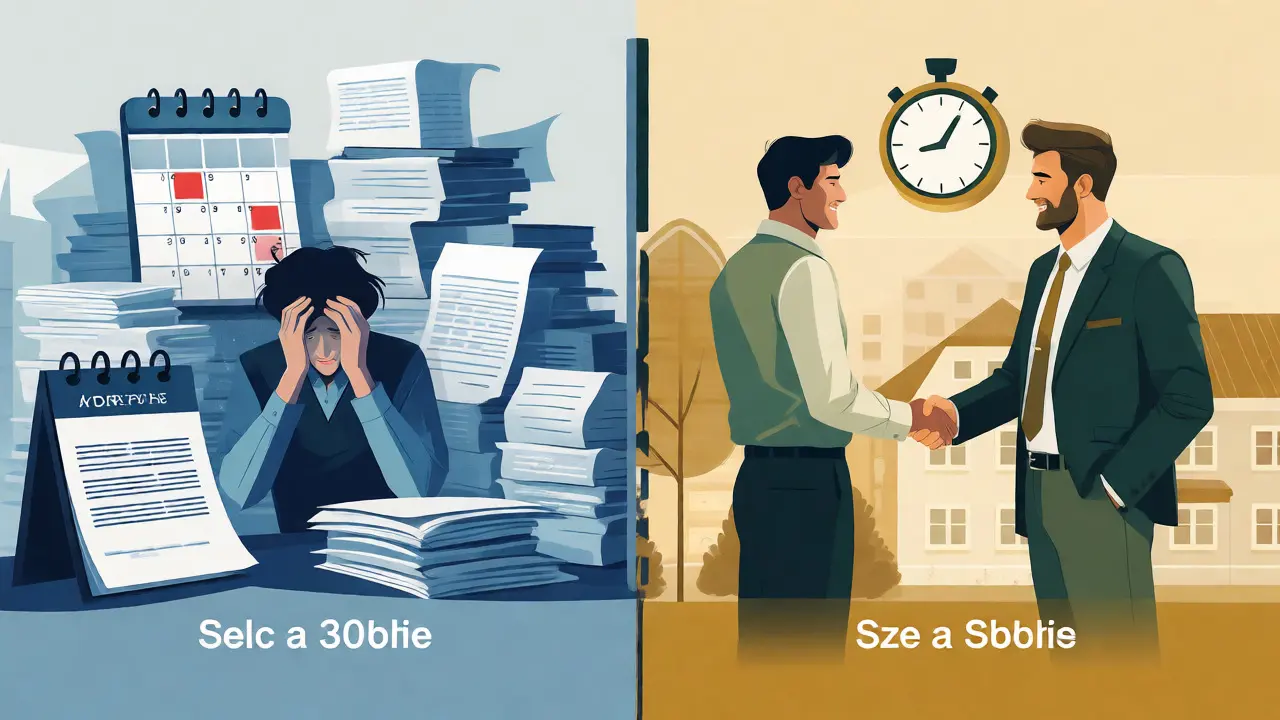 Ilustrace porovnávající stres z pomalého prodeje s rychlým jednáním přes makléře.