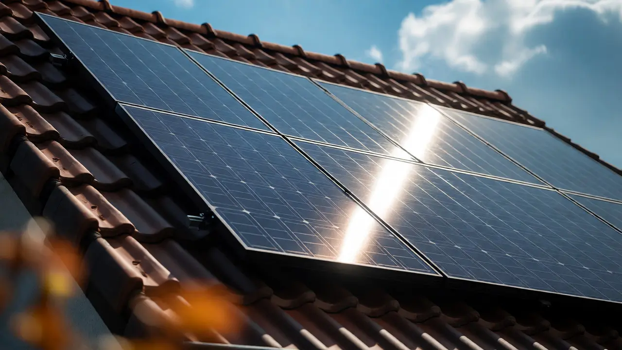 Instalace fotovoltaických panelů na střeše rodinného domu v České republice.