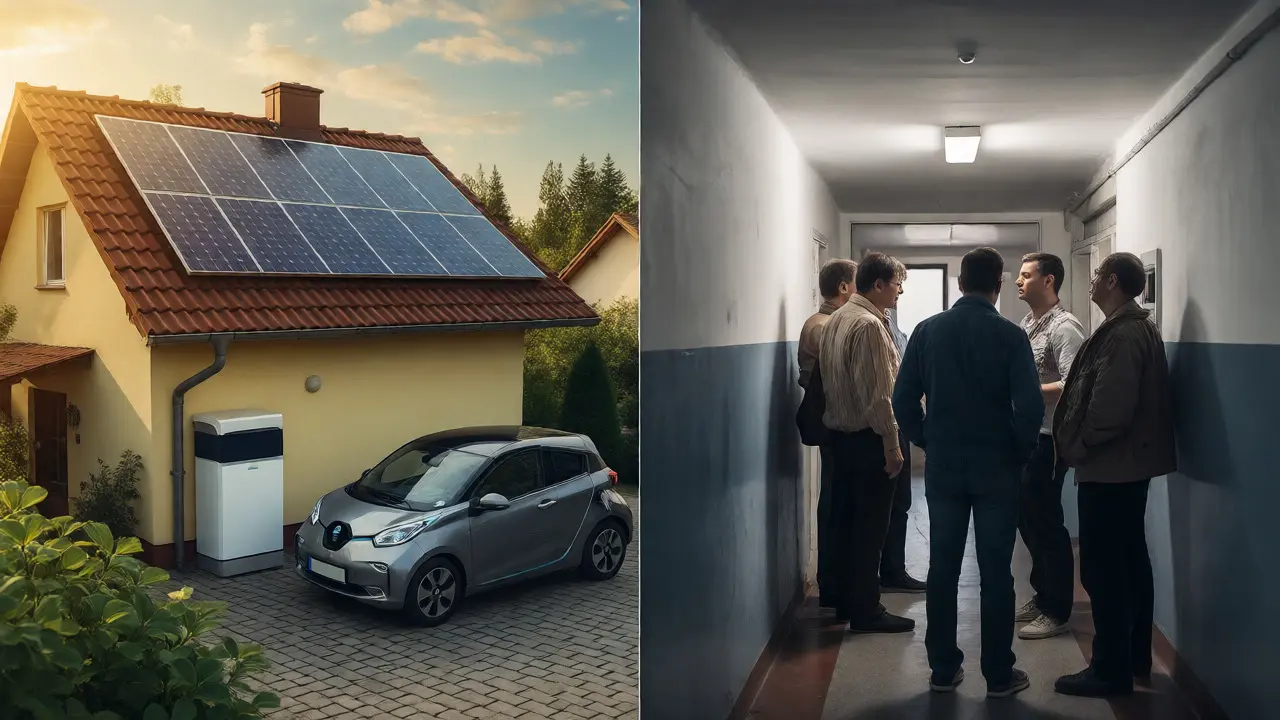 Kontrast rodinného domu se solárem a bytového domu s centrálním měřením