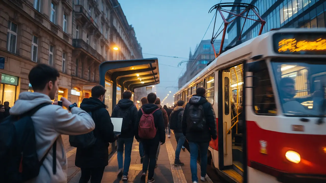 Mladí lidé vystupují z tramvaje na pražské zastávce během ranní špičky