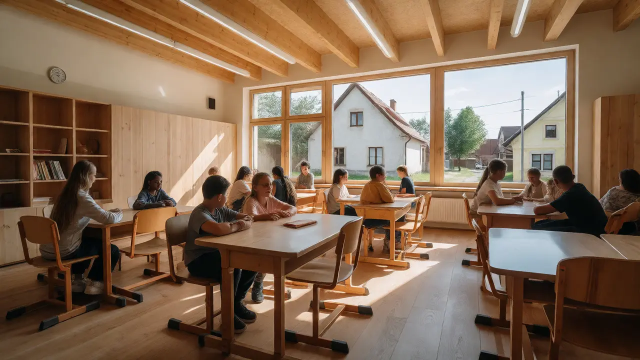 Moderní třída vybavená kvalitním lokálním dřevěným nábytkem