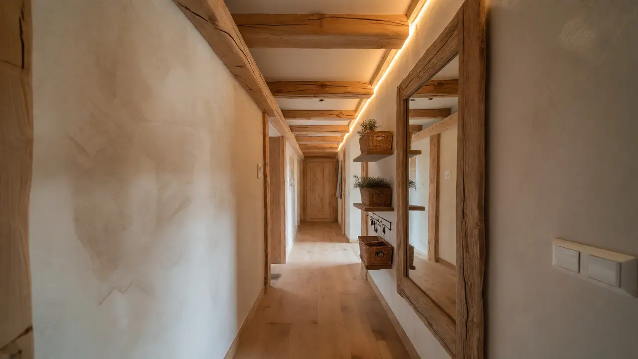 Narrow rustikální chodba s dřevěnými trámy a zrcadlem