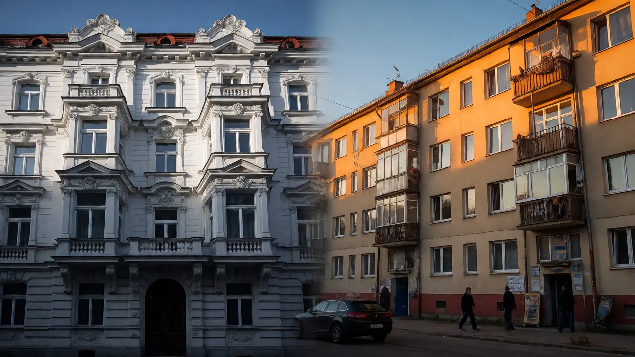 Rozdělený obraz porovnávající luxusní pražský byt s živým regionálním bydlištěm při západu slunce.