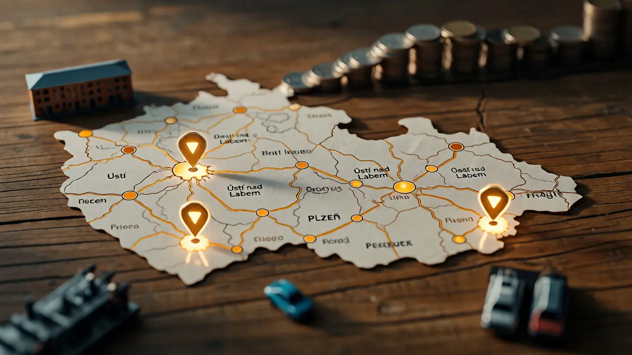 Stylizovaná mapa Česka se zlatými body zvýrazňujícími investiční příležitosti v regionech.
